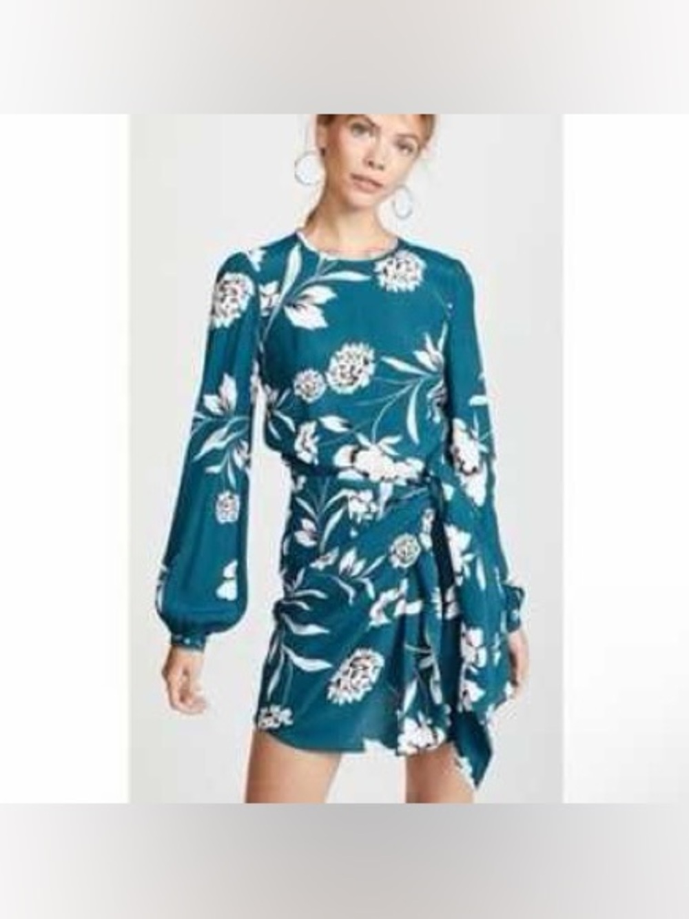 Yumi Kim “Tie me Over” Teal Floral Long-Sleeve Wrap Mini Dress